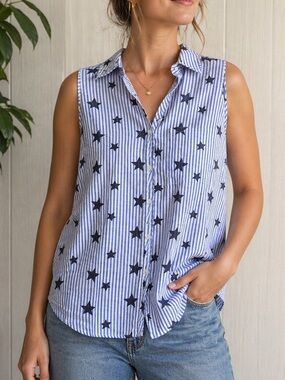 The Nines Blue Striped Star Pattern Sleeveless Button Down Shirt Size Large